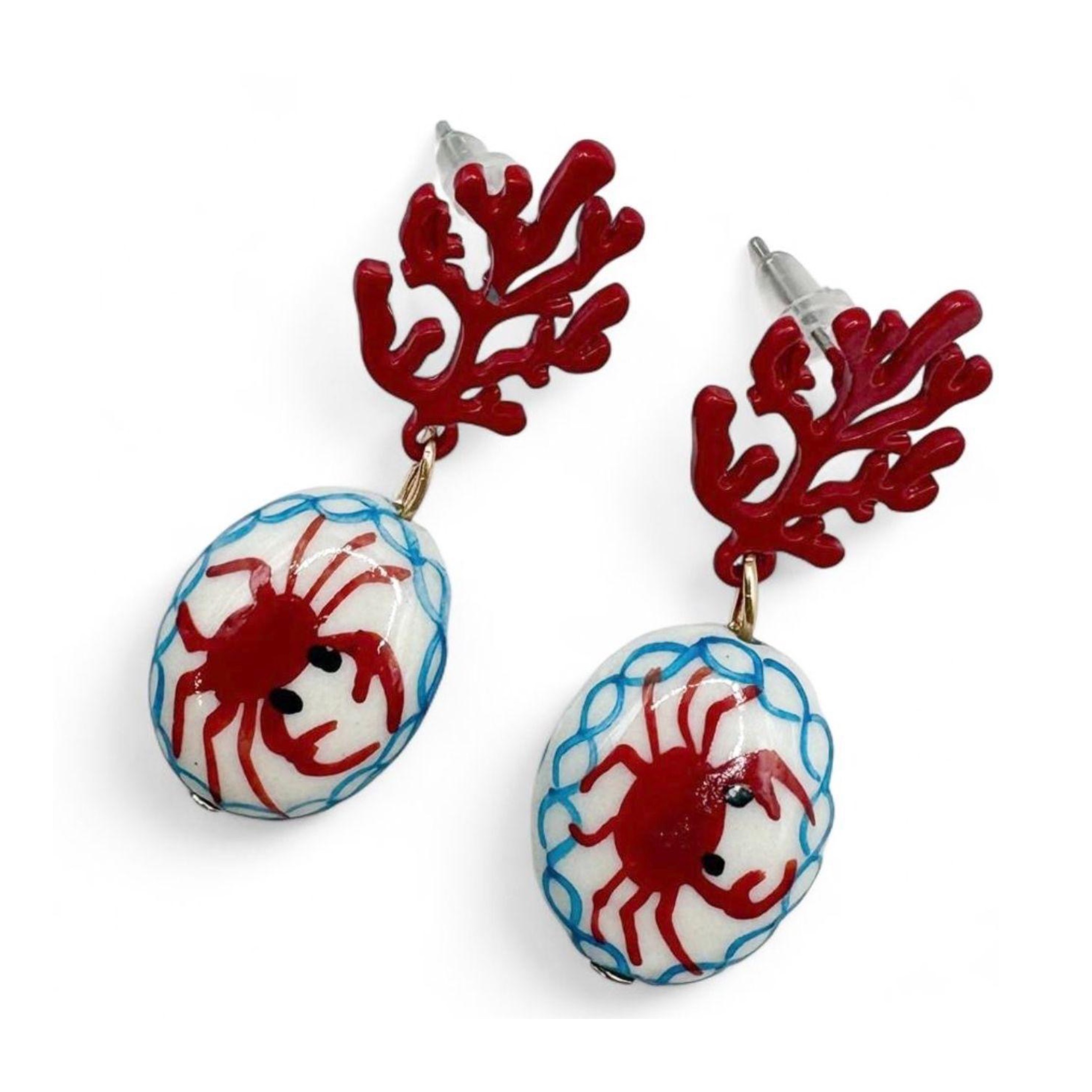 Summer Marine Drop Earrings – Coral & Red Crab Vibrant Ocean Style!
